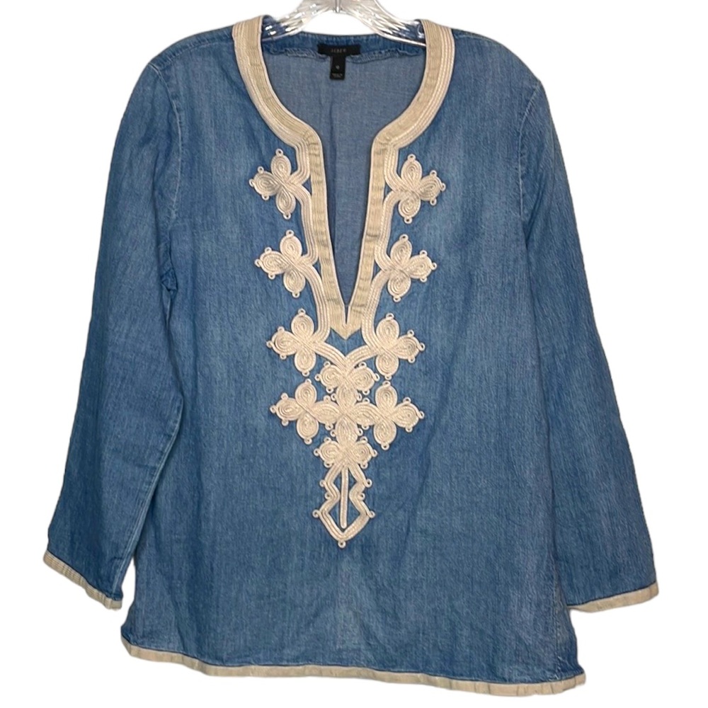 J. Crew Blue Denim Tunic with Cream Embroidery